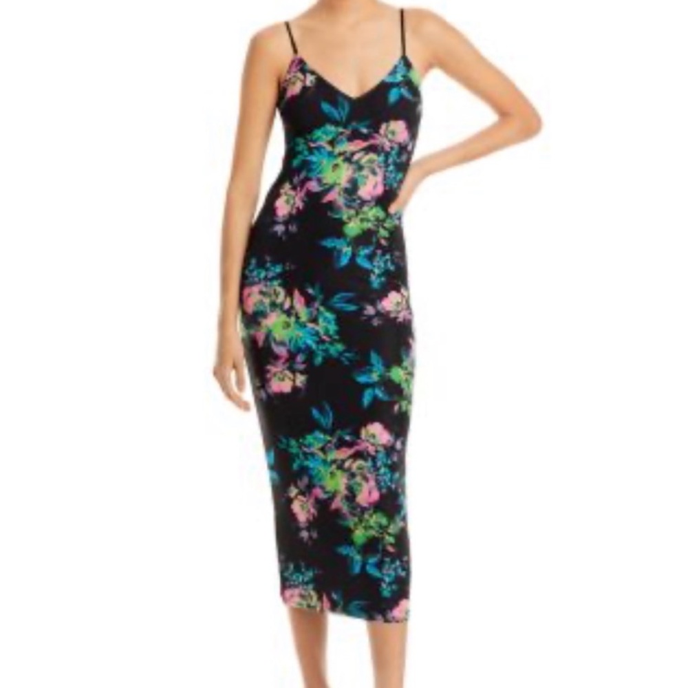 AFRM Black Maxi Slip Dress with Pink & Green Floral Print